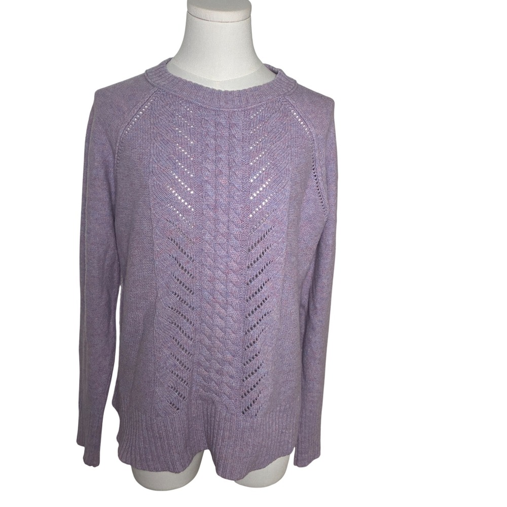 J Crew Heathered Lavender 100% Wool Cable Knit Pointelle Sweater Women M Preppy